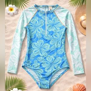 Hobie Girls 14 Tropical Rash Guard One Piece Blue Mint Long Sleeve Surf NWOT